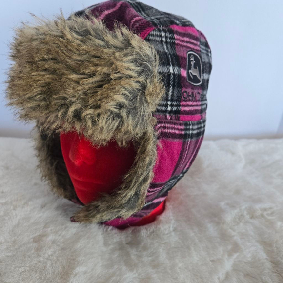 Women's John Deere Plaid Trapper Hat One Size Pink Black Faux Fur - Picture 3 of 12